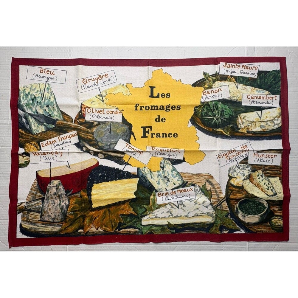 Vintage French Cheese Chart Tea Towel Signed Art Kitchen Linen Les Fromages